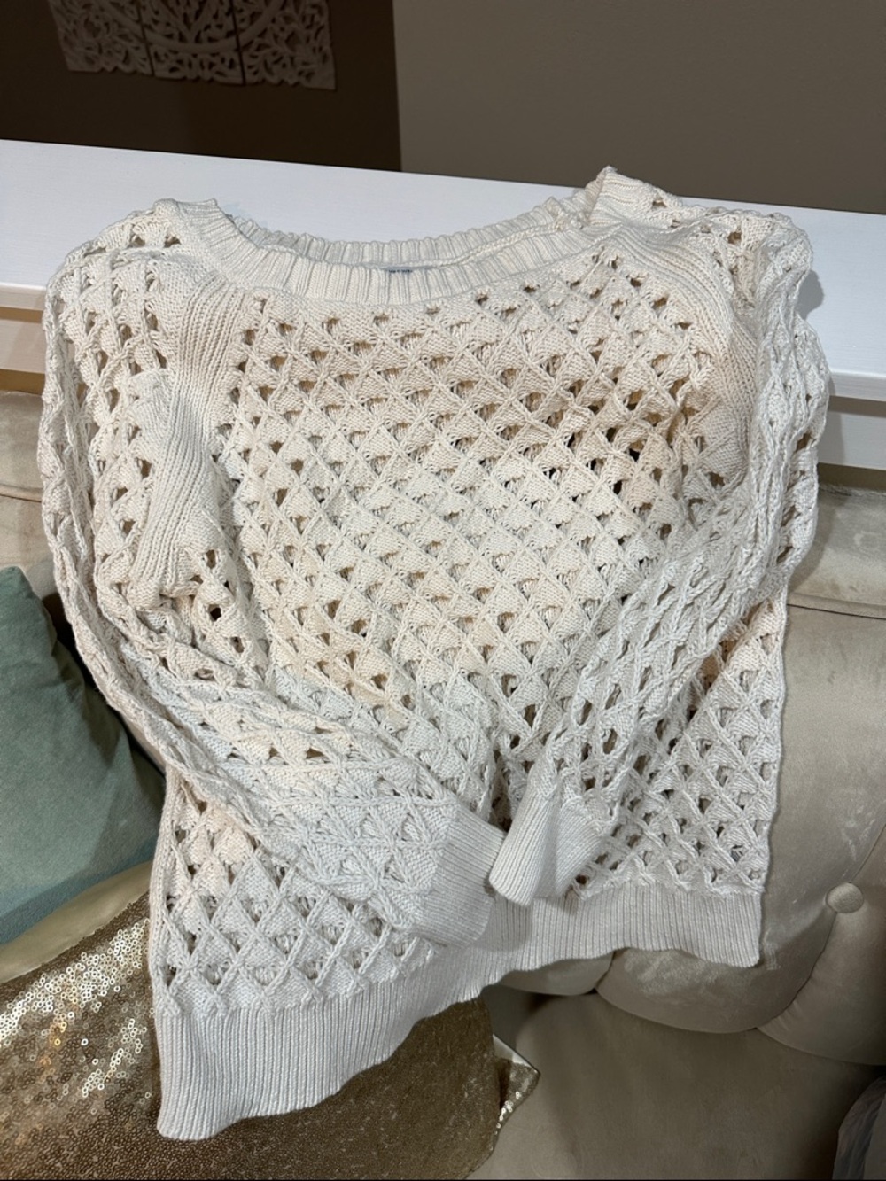 American Eagle Outfitters Cream Open-Knit Diamond Sweater